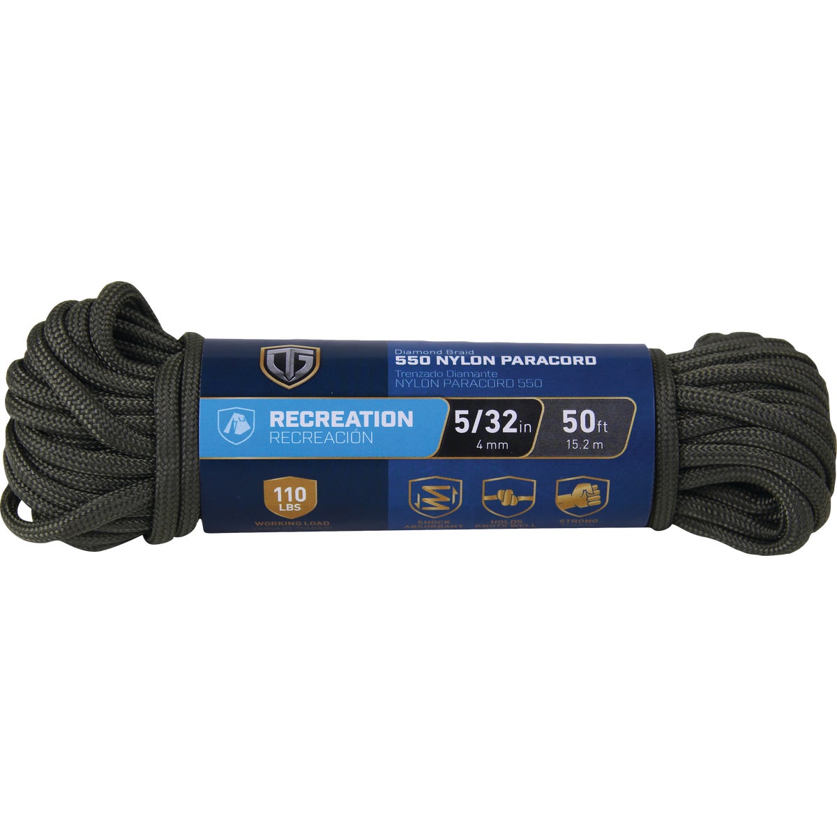 TruGuard 5/32 In. x 50 Ft. Olive Green Paracord 550 Diamond Braid Nylon Rope