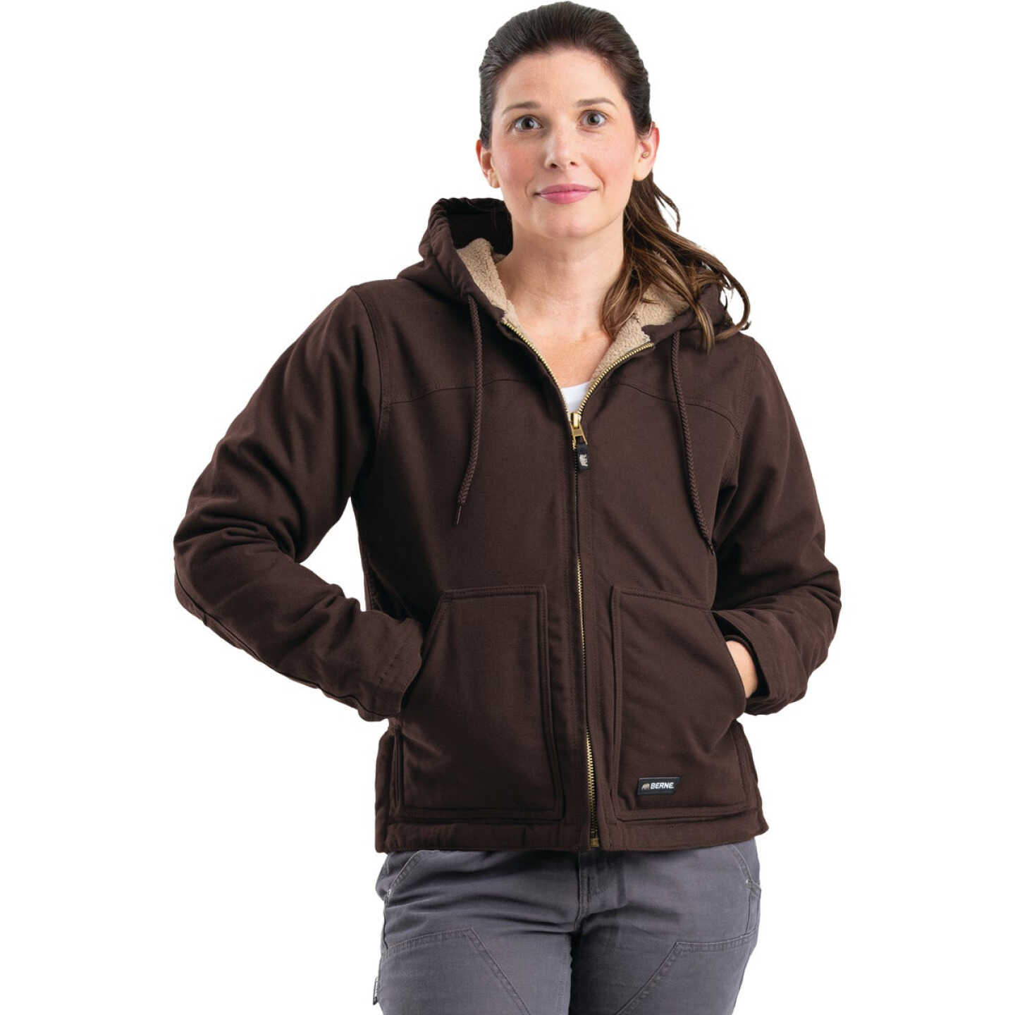 Berne Women's Medium Dark Brown Sherpa-Lined Softstone Duck Hooded Jacket Image 1