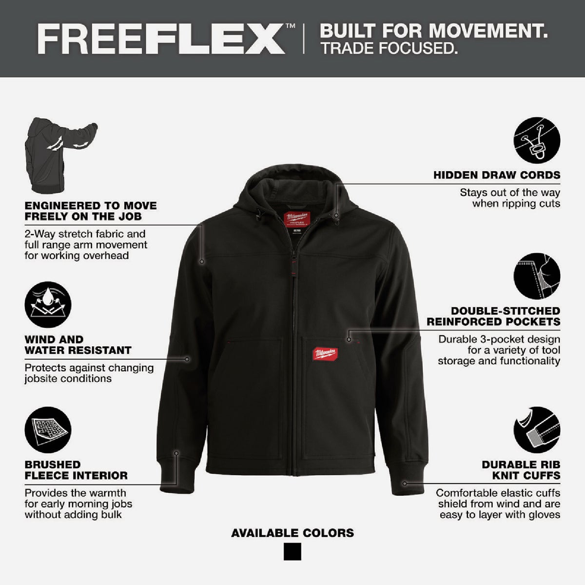 Milwaukee FREEFLEX Men's 2XL Black Softshell Hooded Jacket Image 6