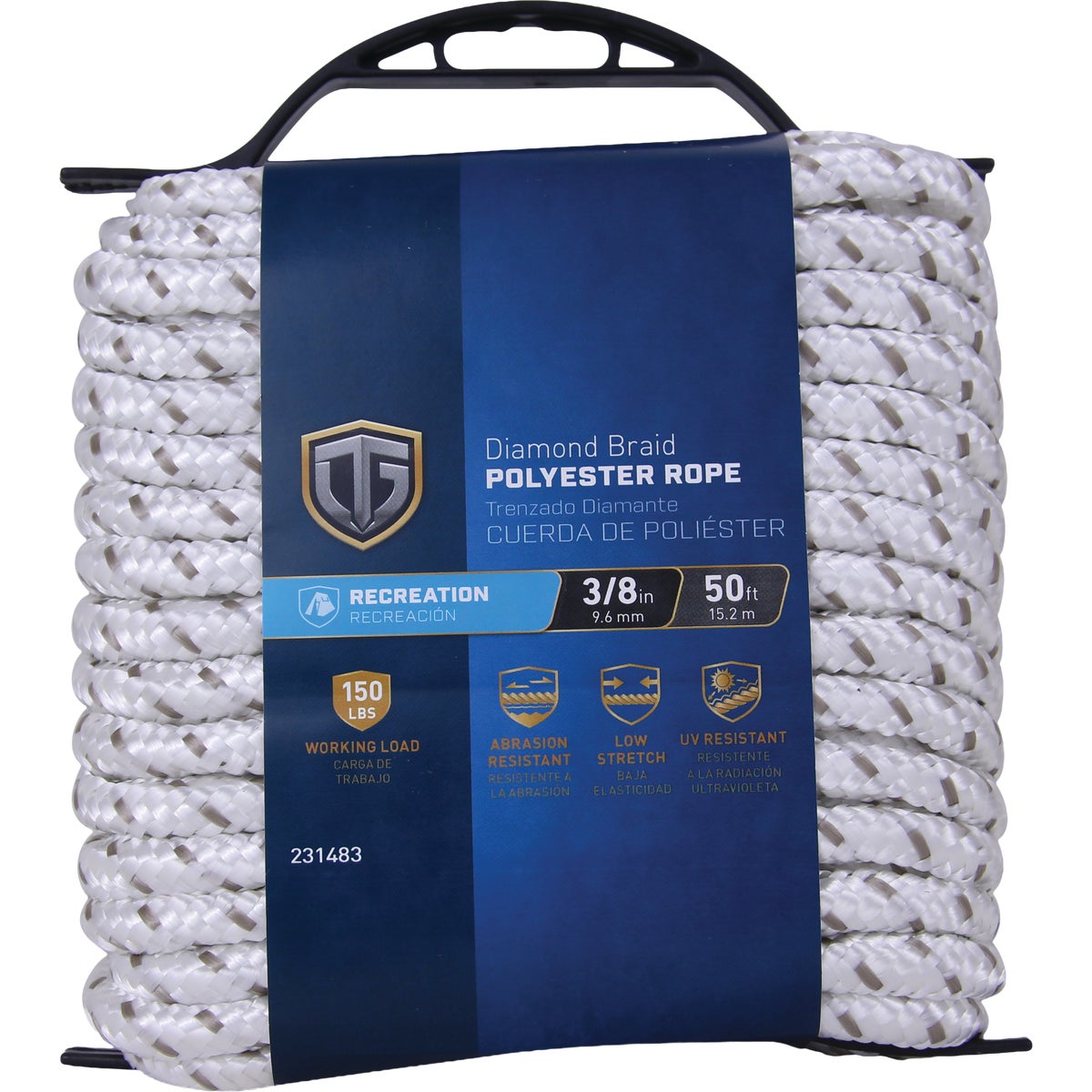TruGuard 3/8 In. x 50 Ft. White/Gray Diamond Braid Polyester Rope