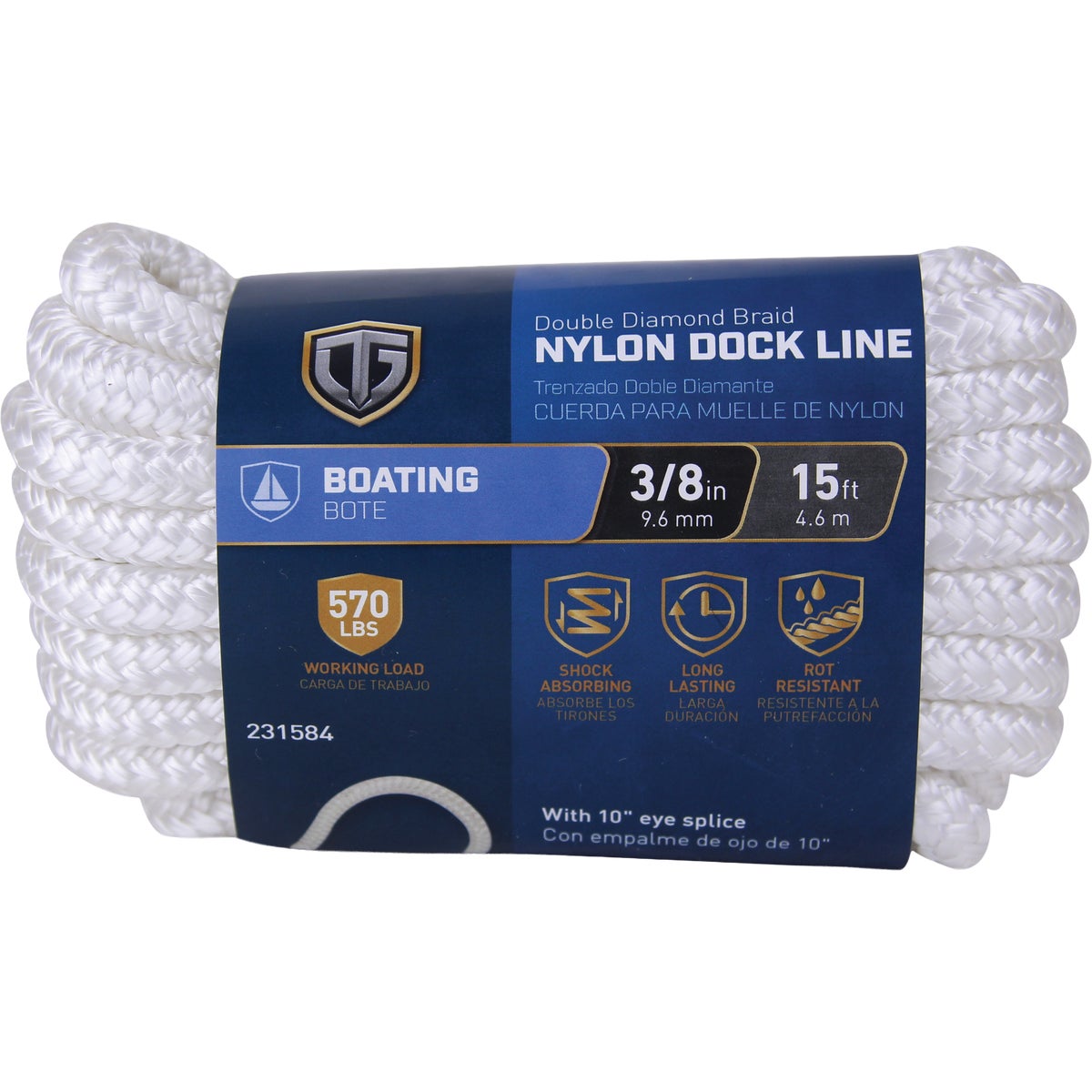TruGuard 3/8 In. X 15 Ft. White Double Diamond Braid Nylon Dock Line