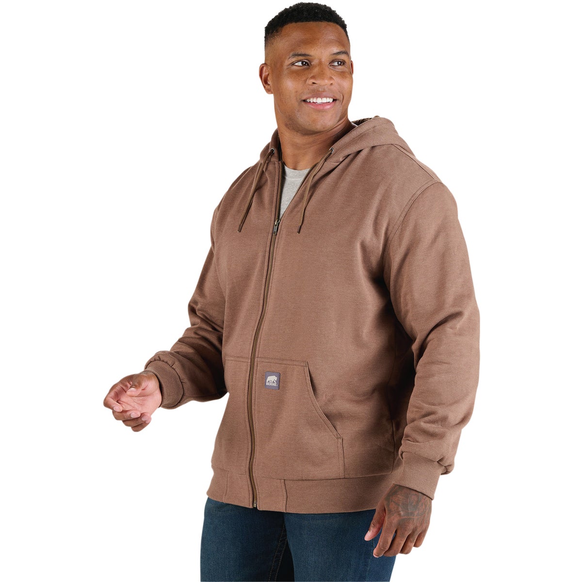 Berne Heritage Grid Large Heathered Driftwood Fleece-Lined Full-Zip Hooded Sweatshirt