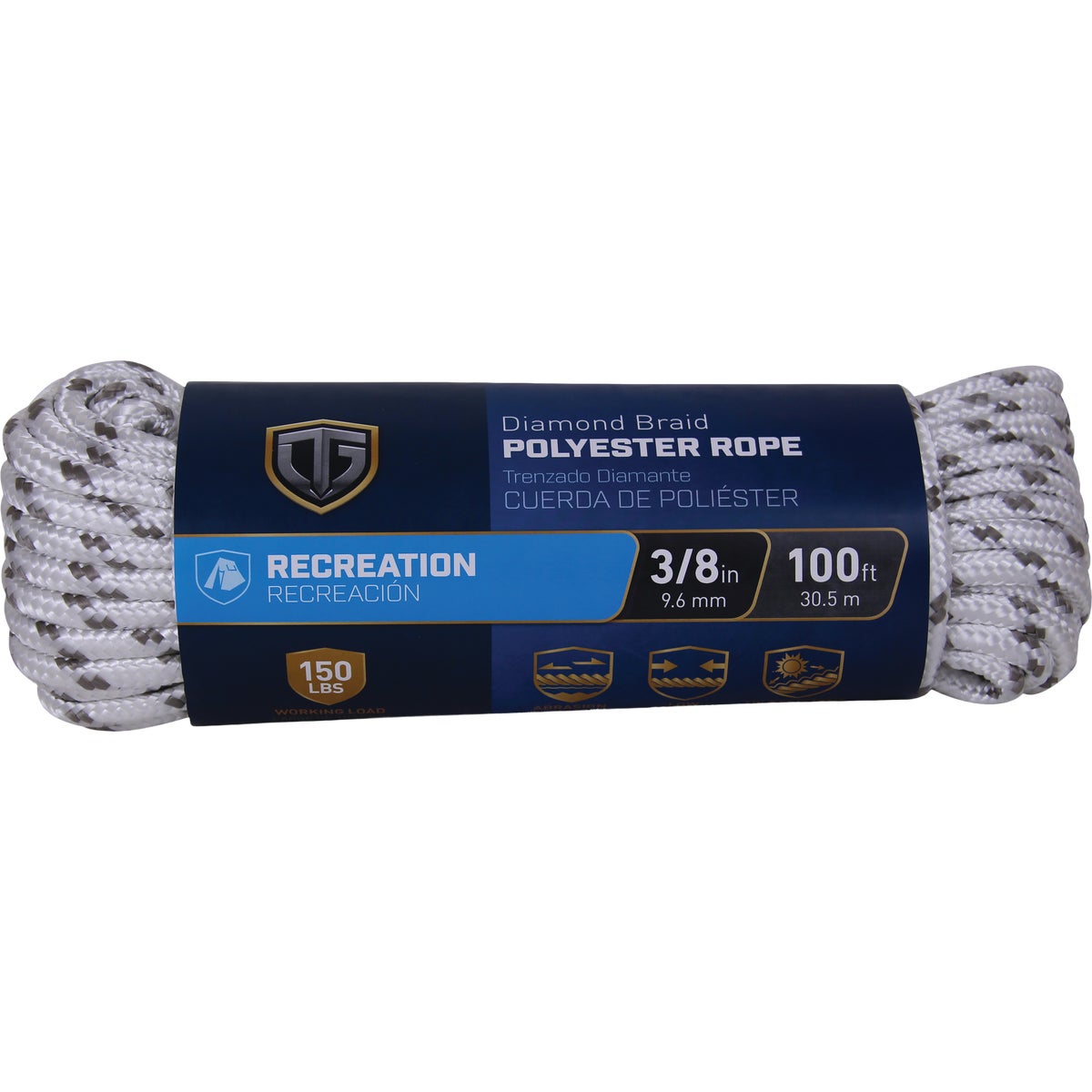 TruGuard 3/8 In. x 100 Ft. White/Gray Diamond Braid Polyester Rope