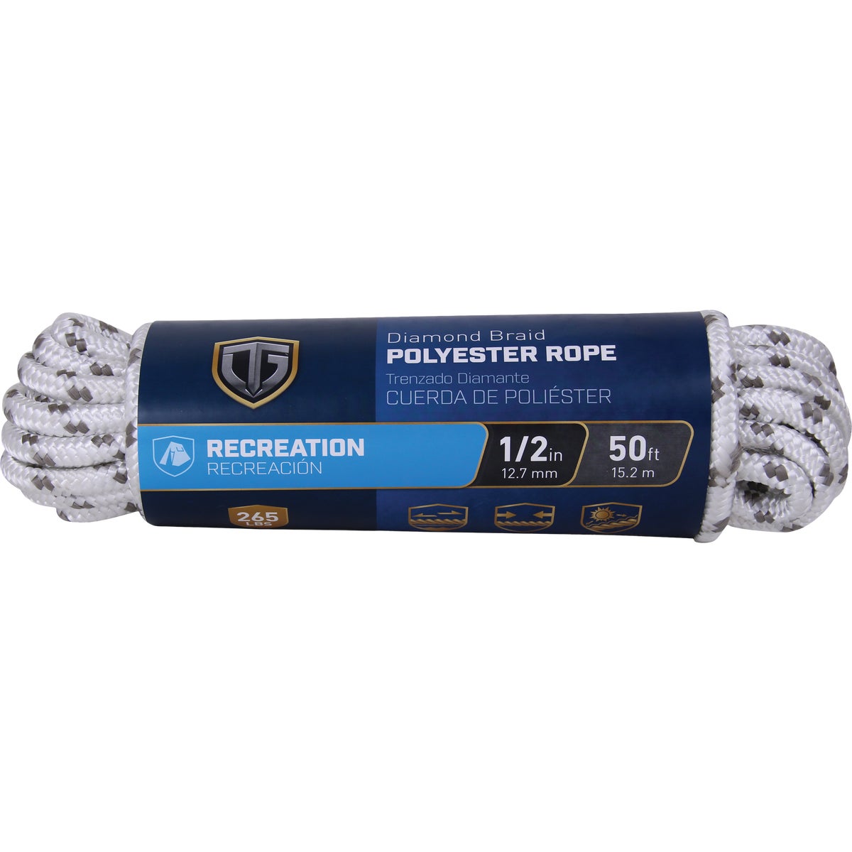 TruGuard 1/2 In. x 50 Ft. White/Gray Diamond Braid Polyester Rope