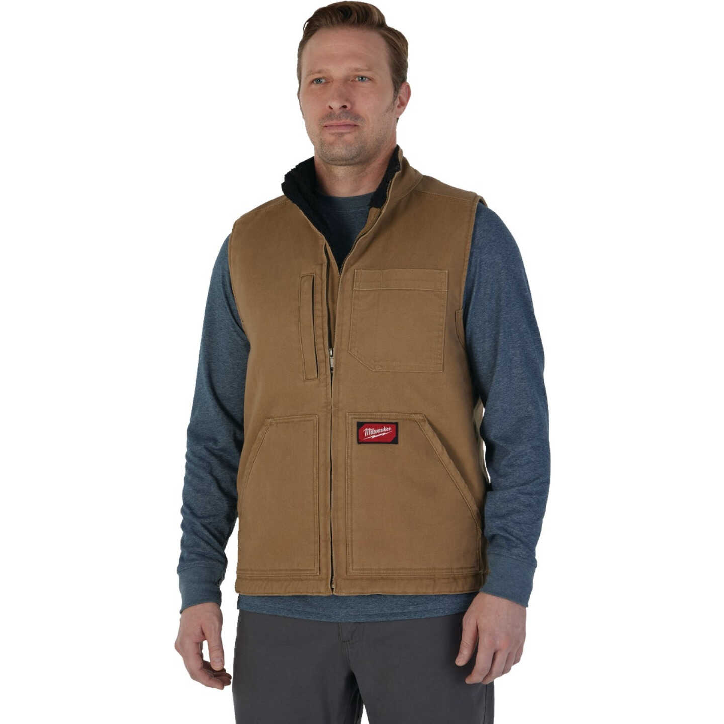 Milwaukee GRIDIRON Men's XL Brown Sherpa-Lined Vest Image 1