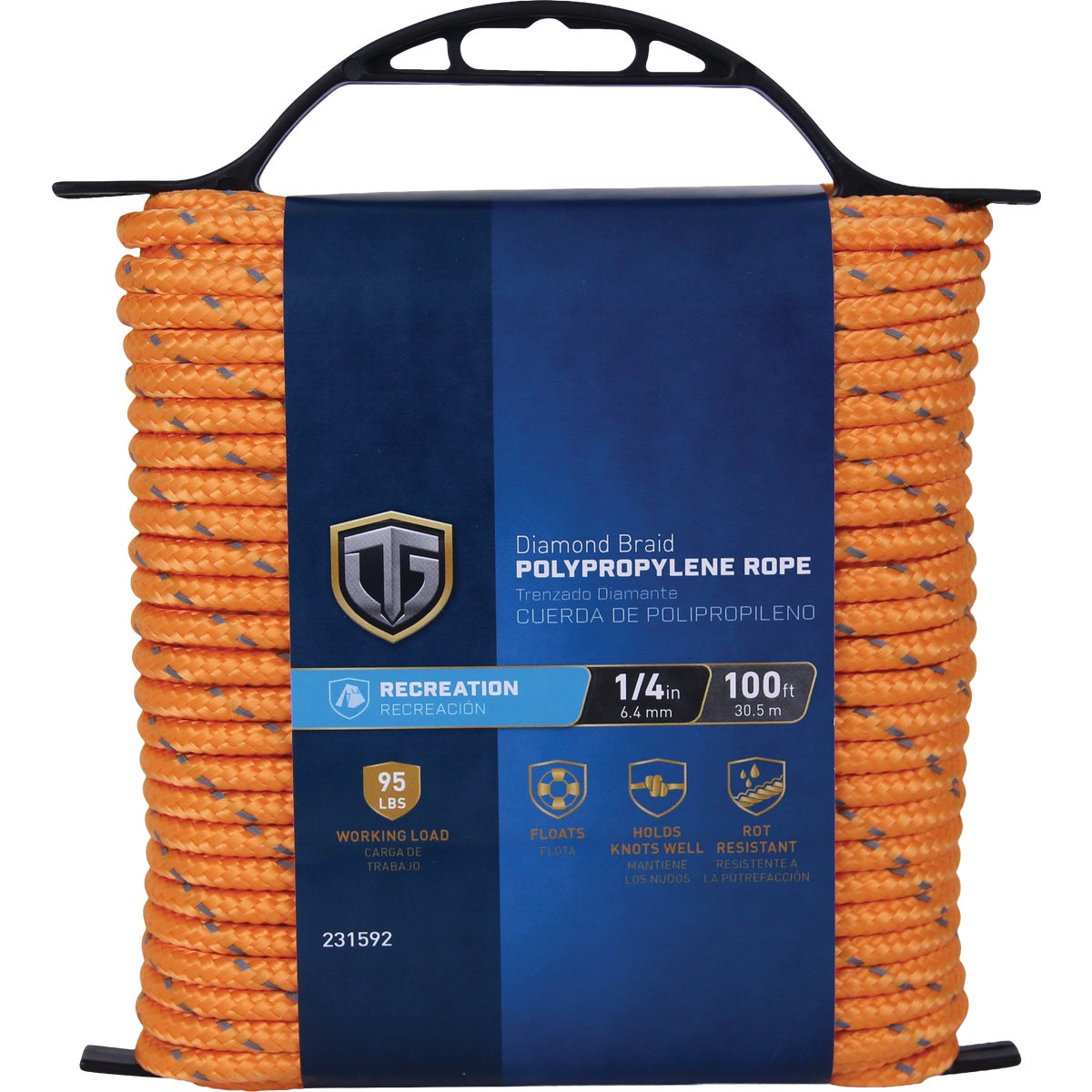 TruGuard 1/4 In. x 100 Ft. Reflective Orange Diamond Braid Polypropylene Rope