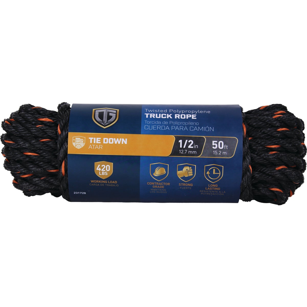 TruGuard 1/2 In. x 50 Ft. Black/Orange Twisted Polypropylene Truck Rope