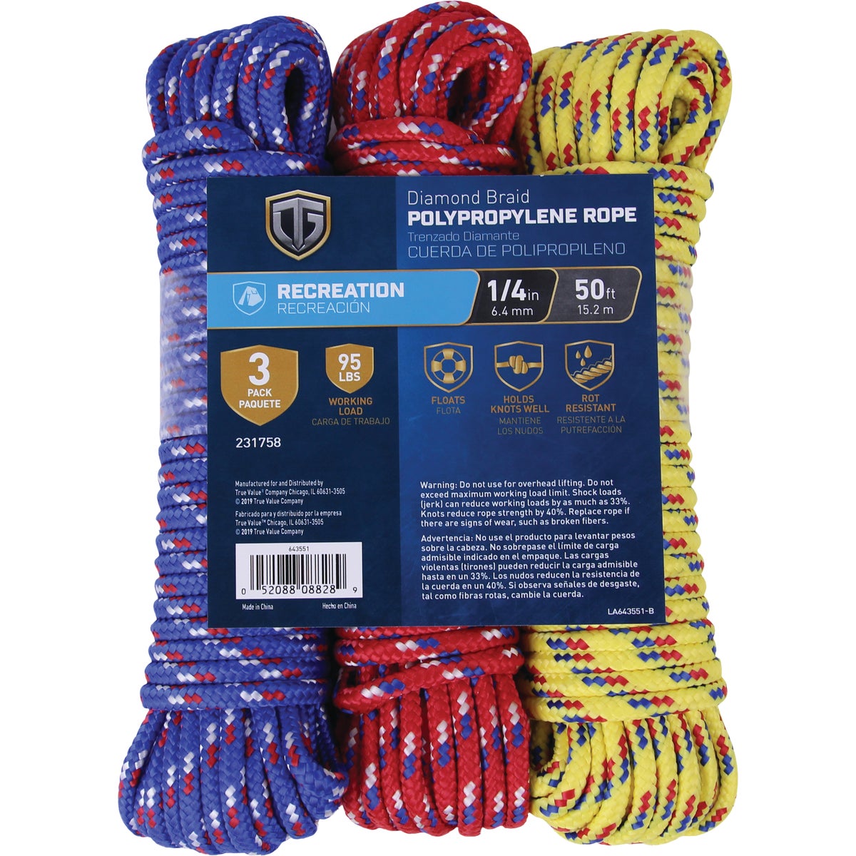TruGuard 1/4 In. x 50 Ft. Assorted Diamond Braid Polypropylene Rope - 3 Pack