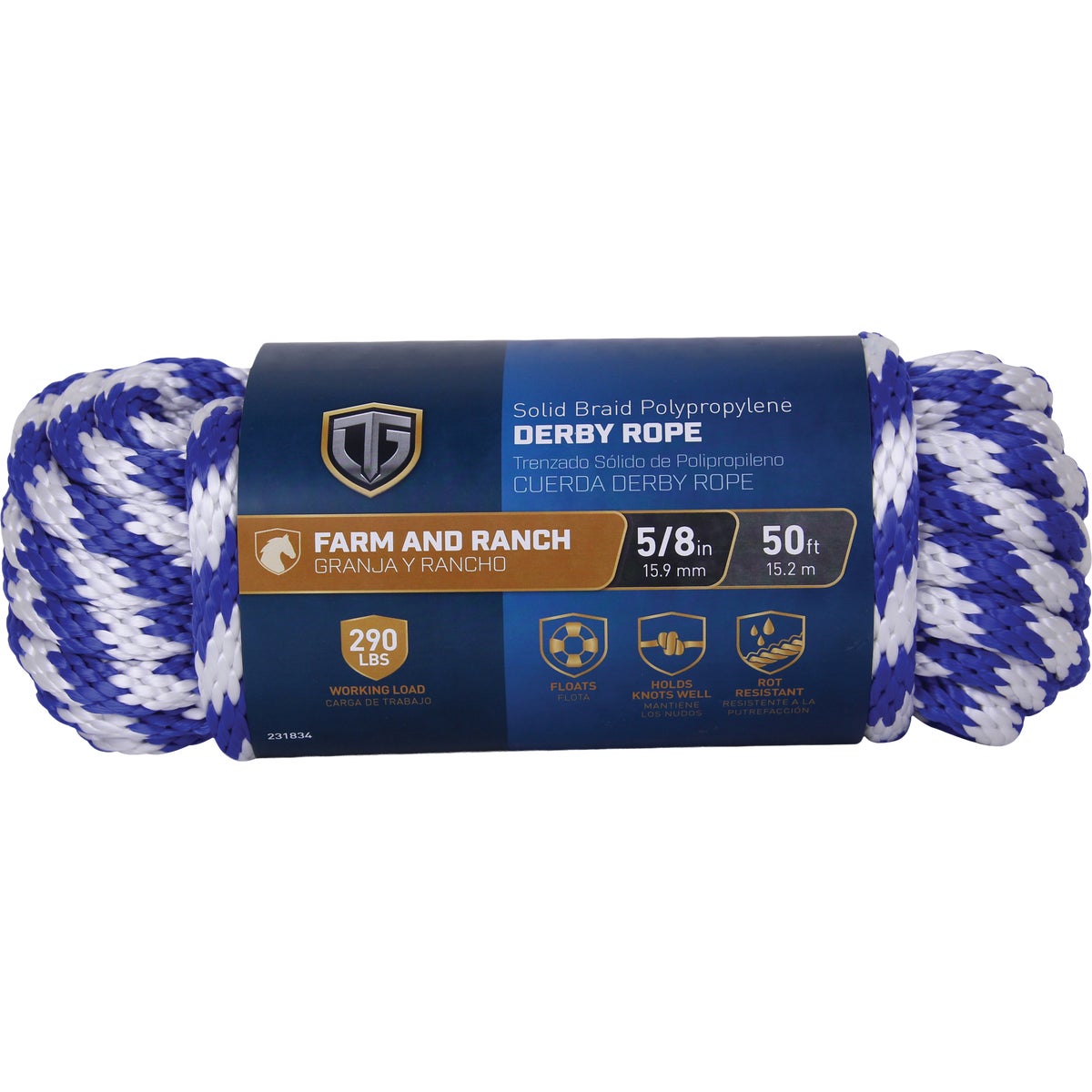 TruGuard 5/8 In. x 50 Ft. Blue/White Solid Braid Polypropylene Derby Rope