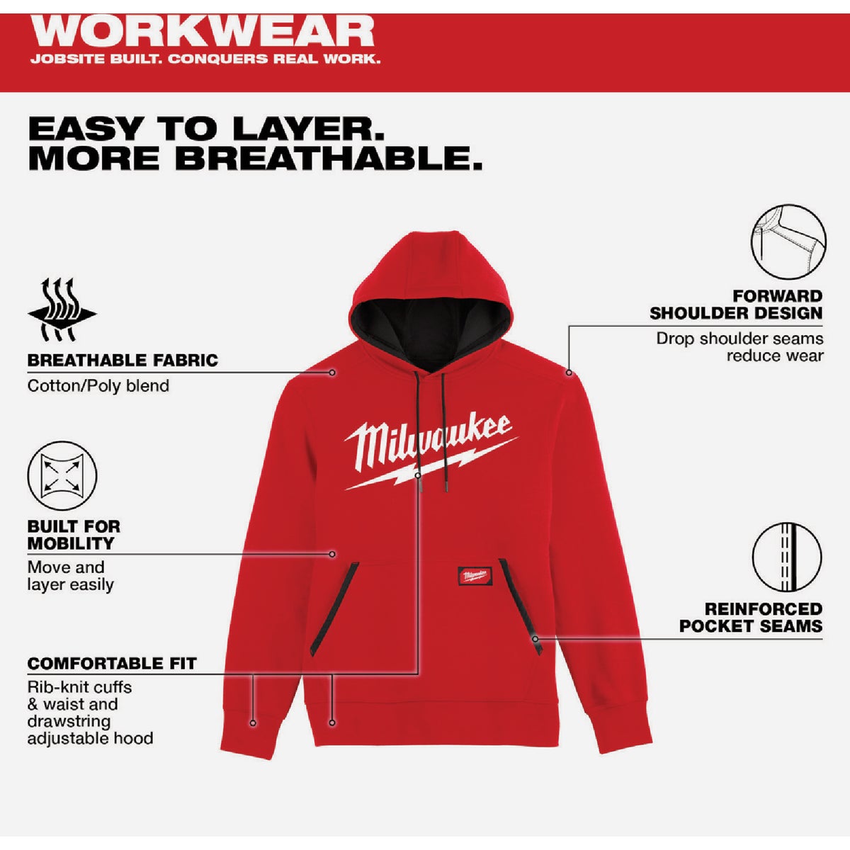 Milwaukee FREEFLEX Medium Red Midweight Pullover Hooded Sweatshirt Image 4