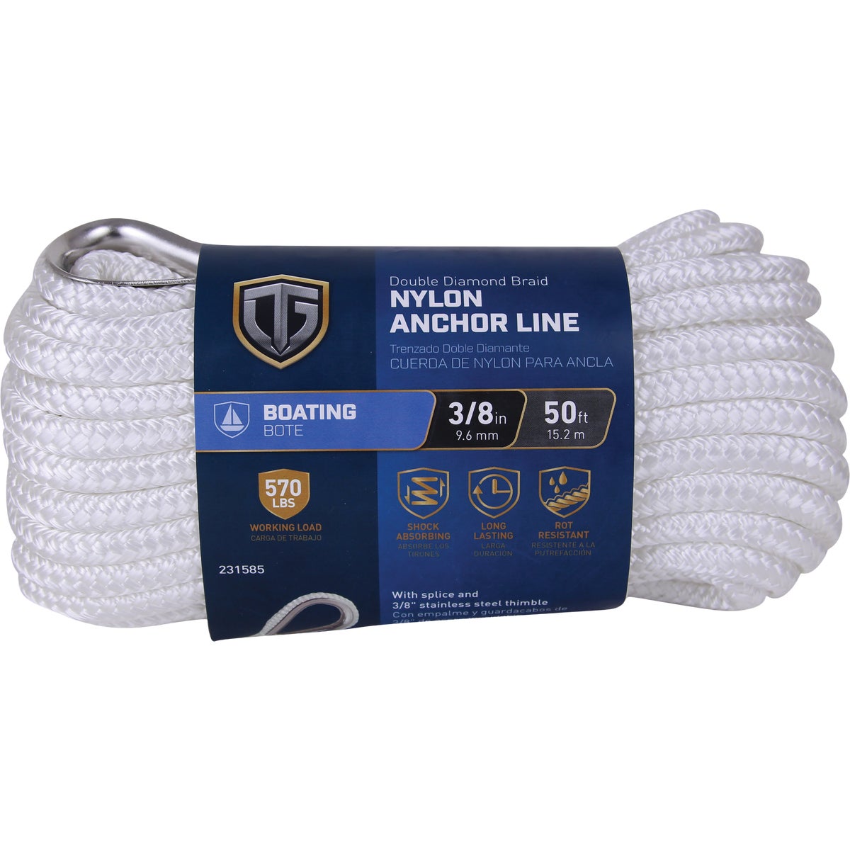 TruGuard 3/8 In. X 50 Ft. White Double Diamond Braid Nylon Anchor Line