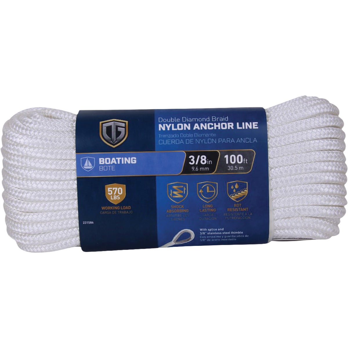 TruGuard 3/8 In. X 100 Ft. White Double Diamond Braid Nylon Anchor Line