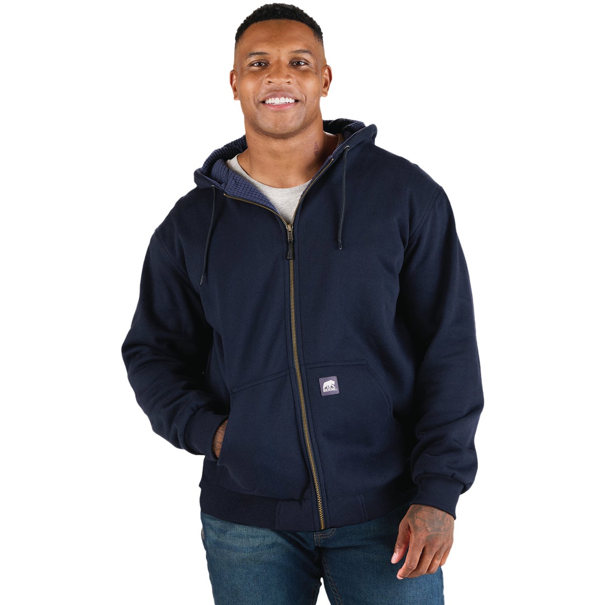 Berne Heritage Grid Large Navy Fleece-Lined Full-Zip Hooded Sweatshirt
