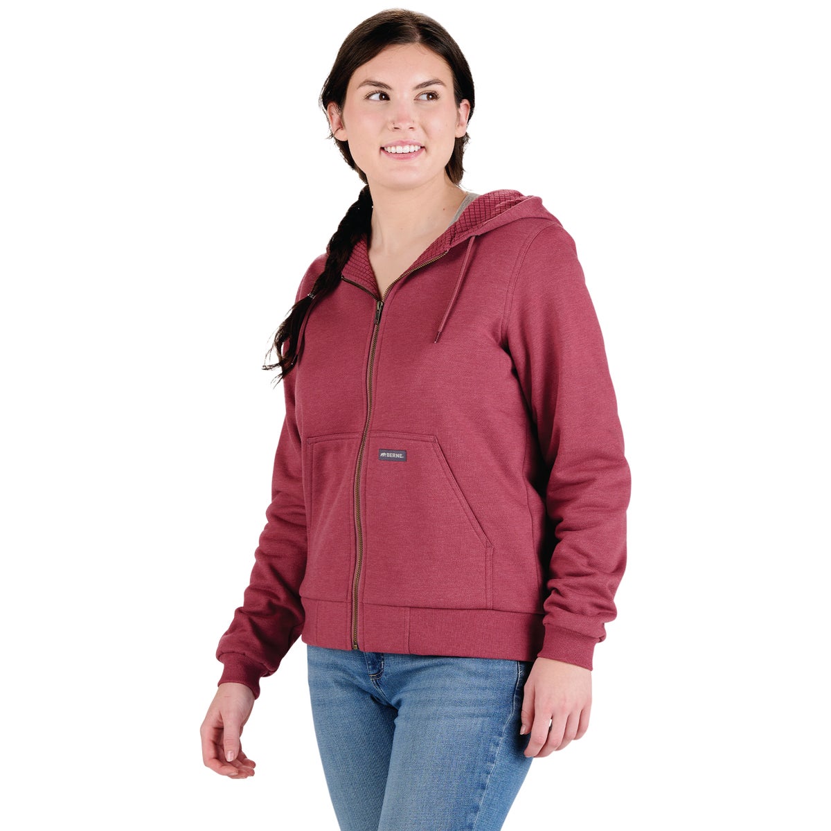 Berne Heritage Women's Large Sangria Grid Fleece-Lined Full-Zip Hooded Sweatshirt