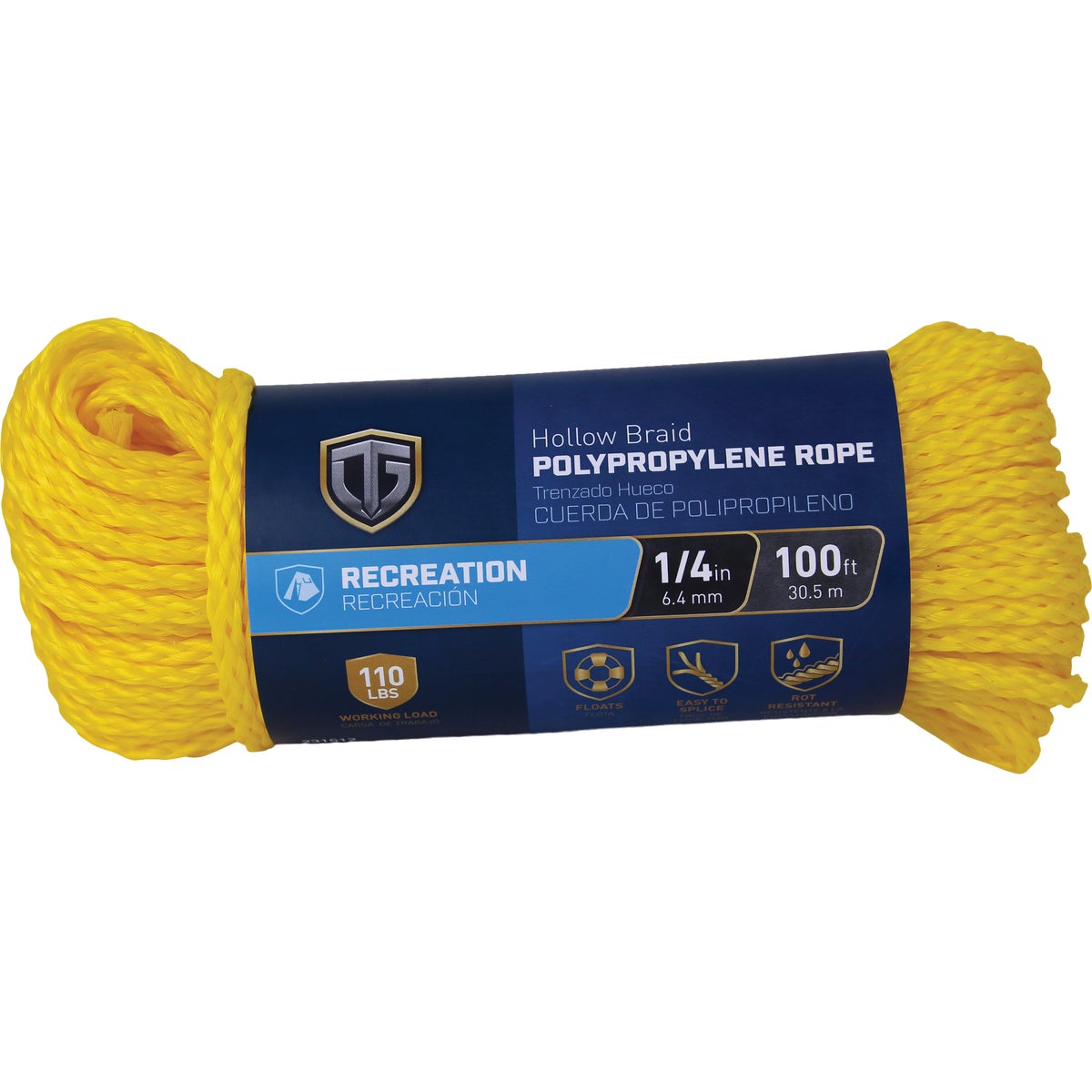 TruGuard 1/4 In. x 100 Ft. Yellow Hollow Core Polypropylene Rope
