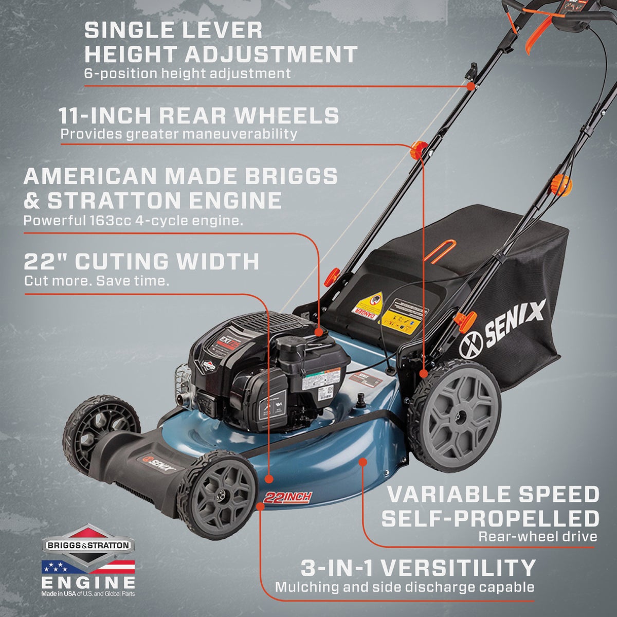 Senix 22 In. 163cc 3-In-1 Self-Propelled Gas Lawn Mower Image 2