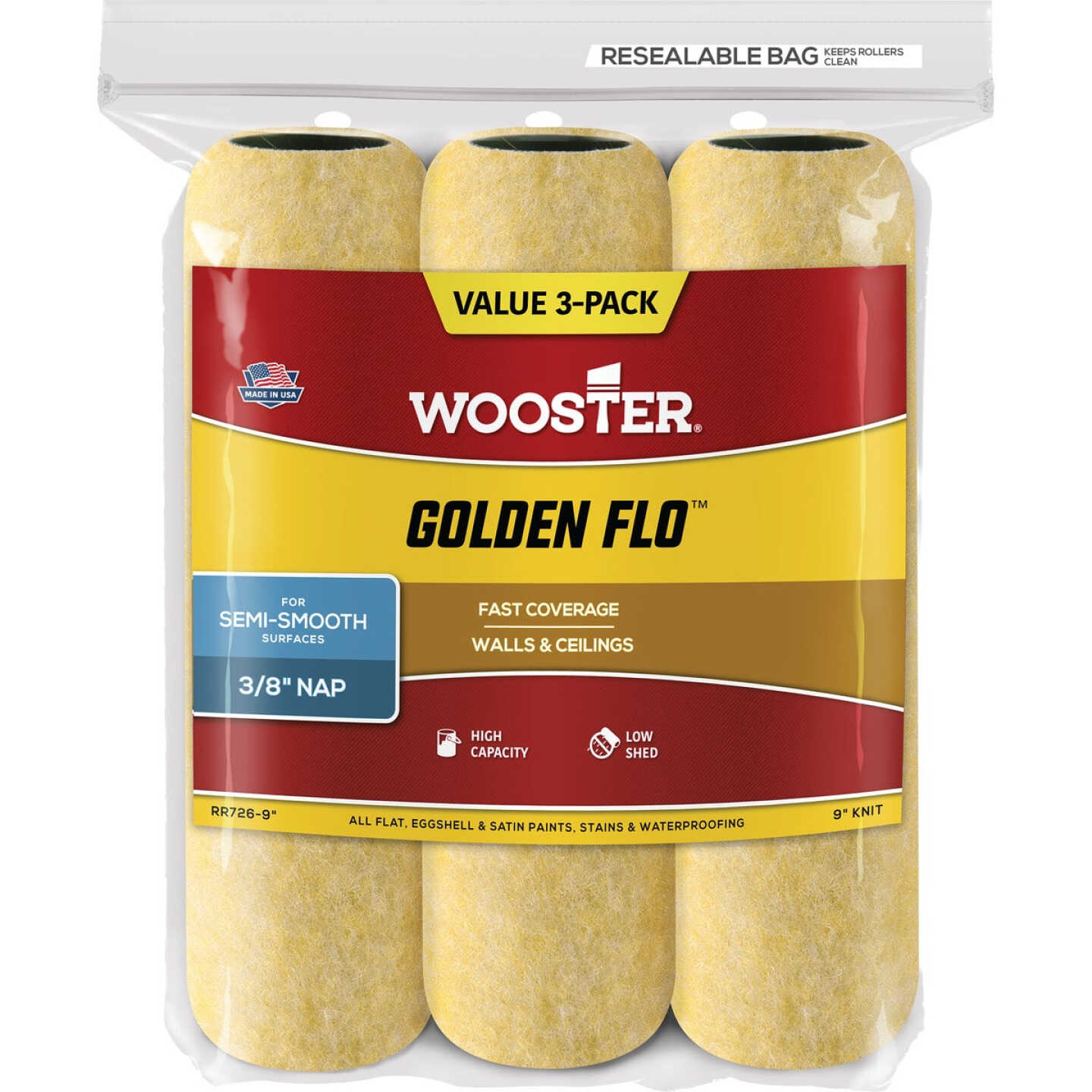 Wooster Golden Flo 9 In. x 3/8 In. Knit Fabric Roller Cover (3-Pack) Image 1