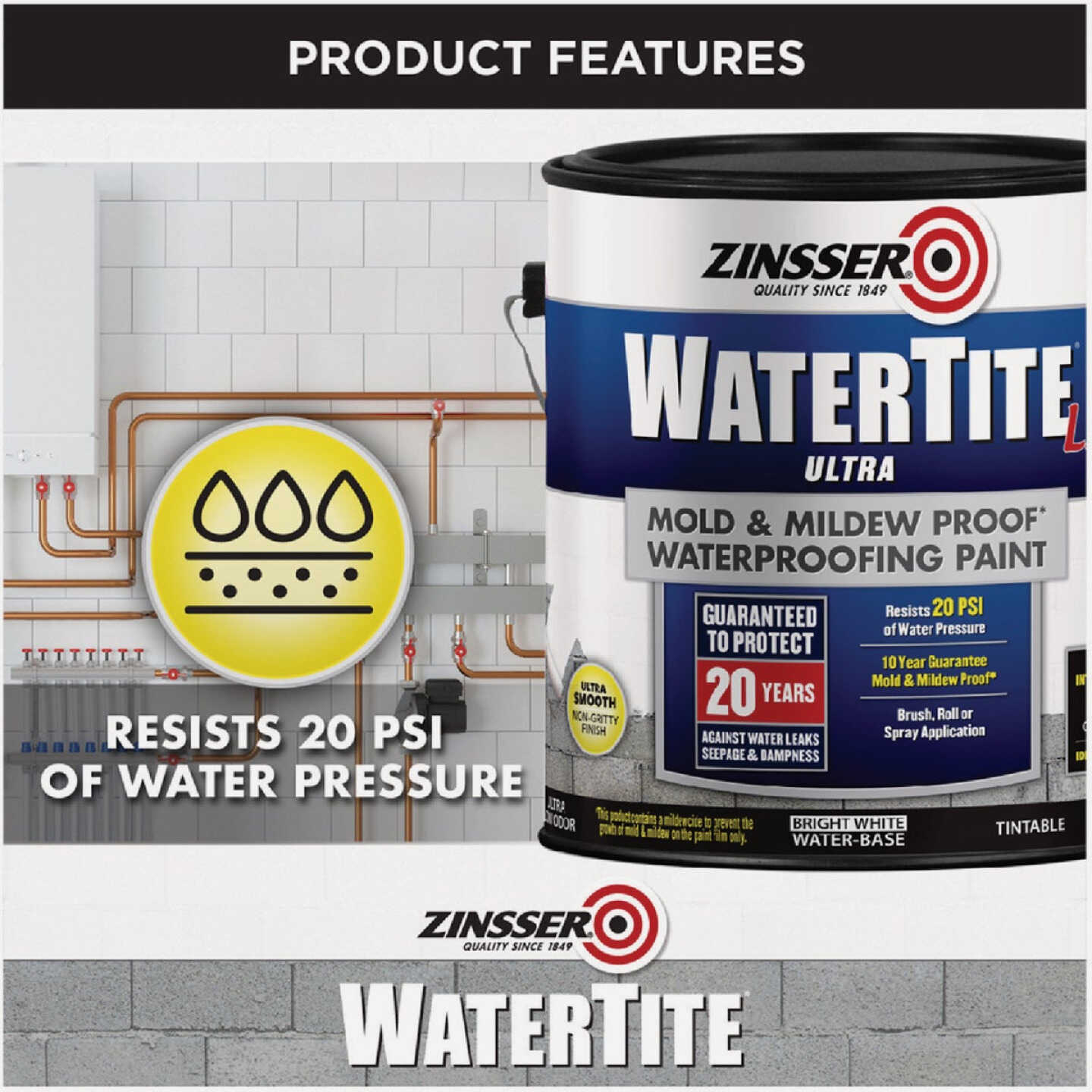Zinsser WaterTite LX Ultra 1 Qt. Mold & Mildew Proof Bright White Waterproofing Paint Image 2