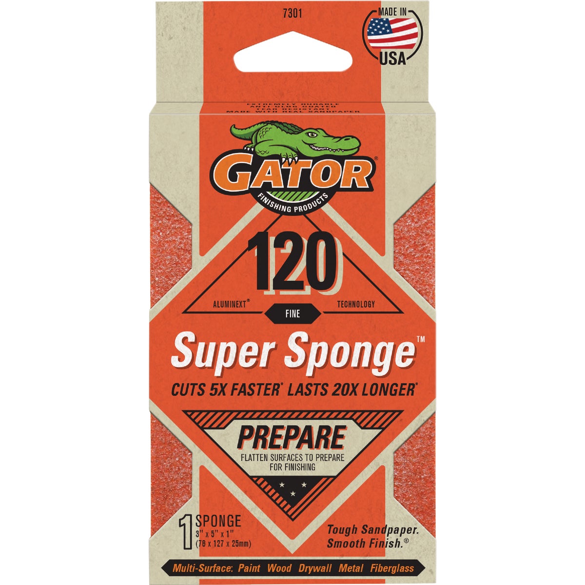 Gator Large 3 In. x 5 In. x 1 In. 120-Grit EZ123 Jumbo Sanding Sponge Image 1