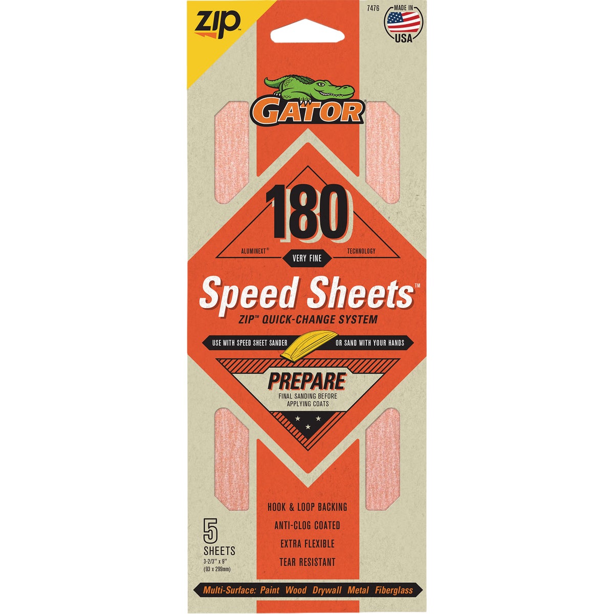 Gator Grit 3 In. x 9 In. Medium ZIP Speed Sheet, 180 Grit (5-Pack)