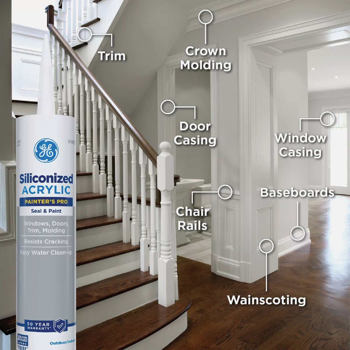 GE Siliconized Acrylic Painters Pro Seal & Paint Sealant, Clear, 10 Oz. Cartridge Image 5