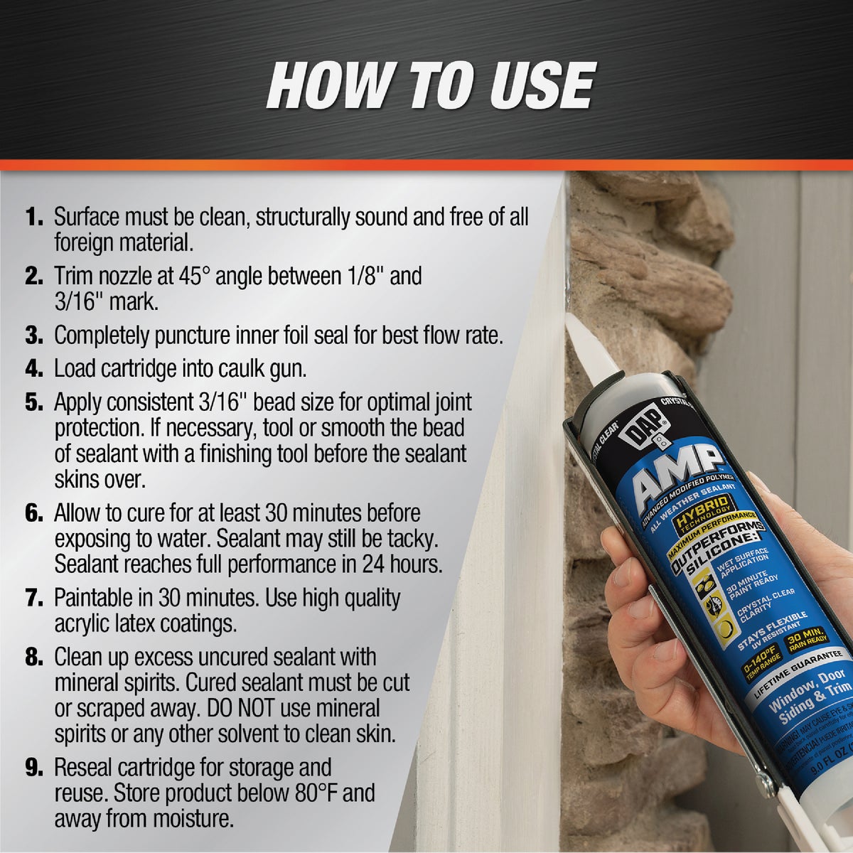 DAP AMP 9 Oz. Advanced Modified Polymer All Weather Window, Door, & Siding Sealant, Crystal Clear Image 3