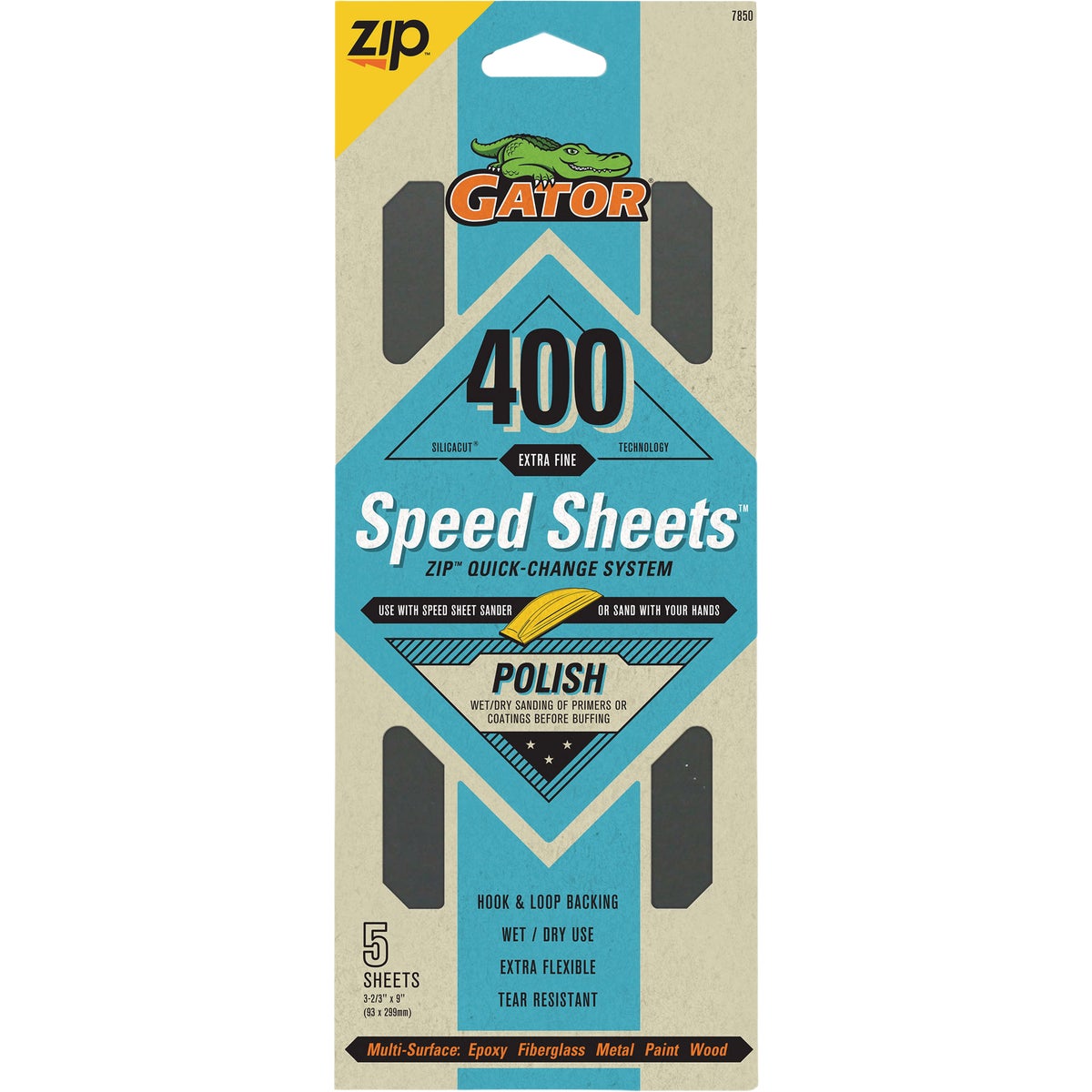 Gator Grit 3 In. x 9 In. Very Fine ZIP Speed Sheet, 400 Grit (5-Pack)