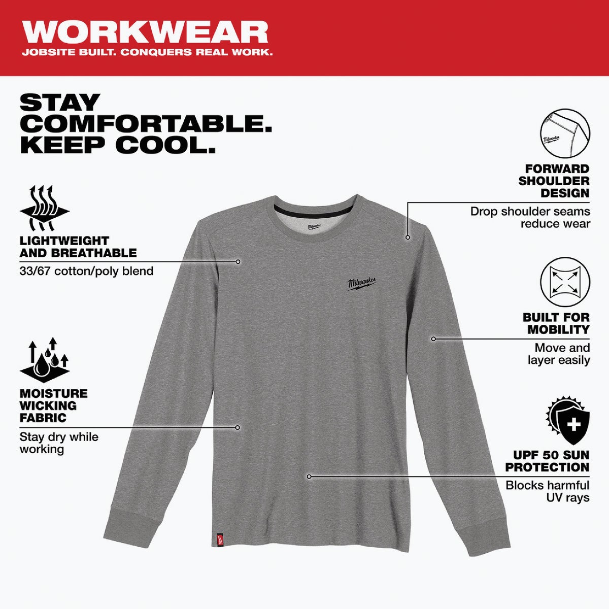 Milwaukee 2XL Gray Long Sleeve Unisex Hybrid Work Shirt Image 2