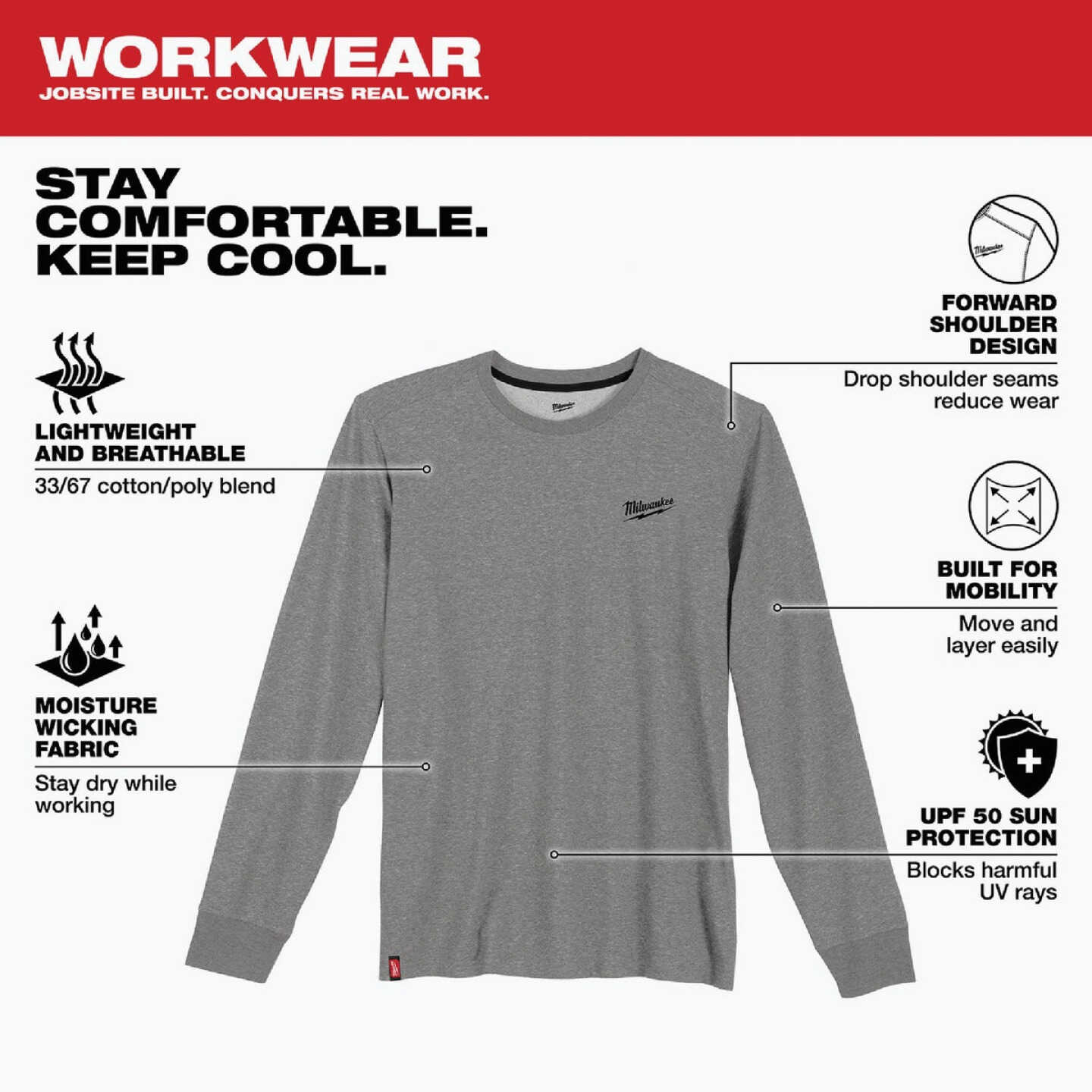 Milwaukee 2XL Gray Long Sleeve Unisex Hybrid Work Shirt Image 2