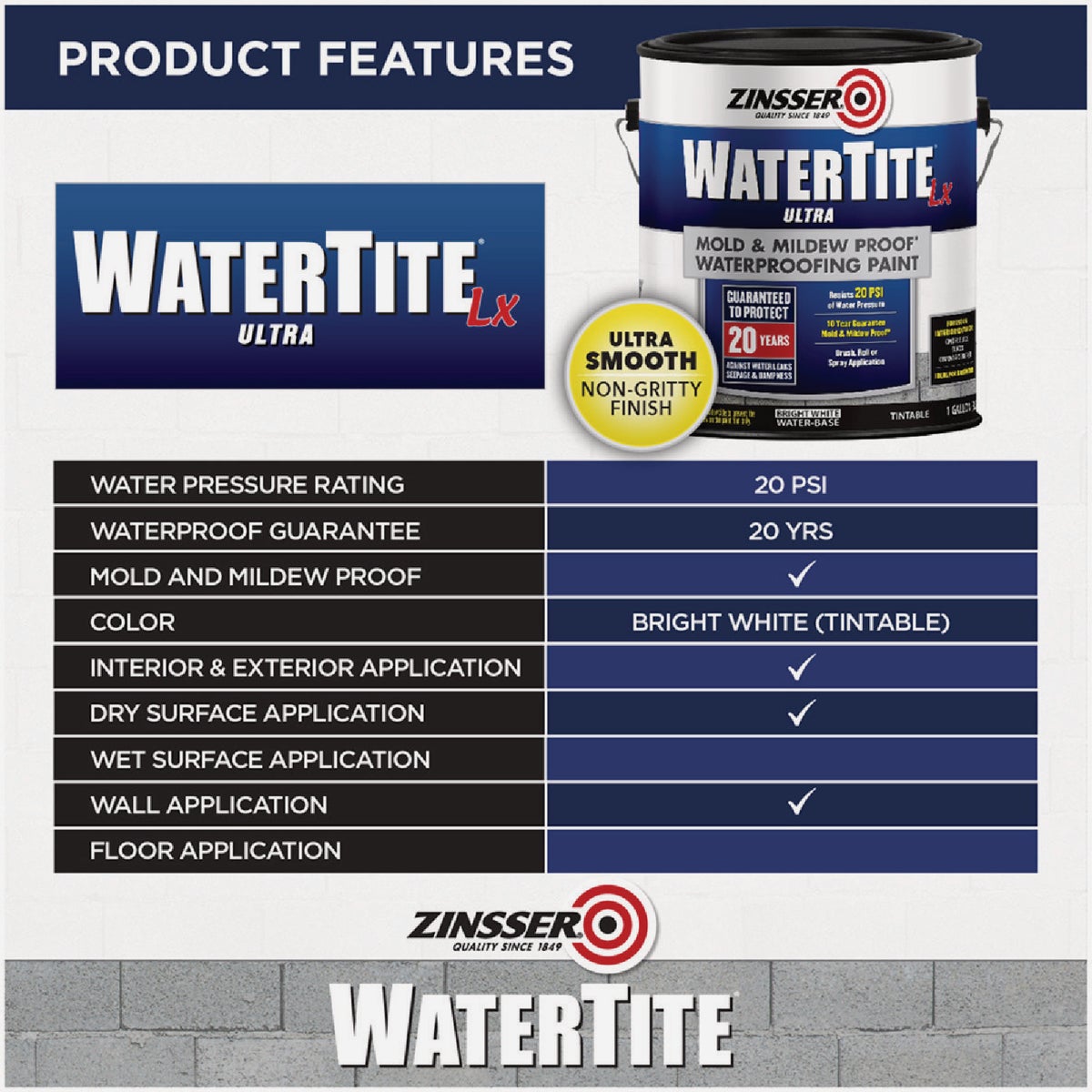 Zinsser WaterTite LX Ultra Mold & Mildew Proof Waterproofing Paint, 1 Gal. Image 2