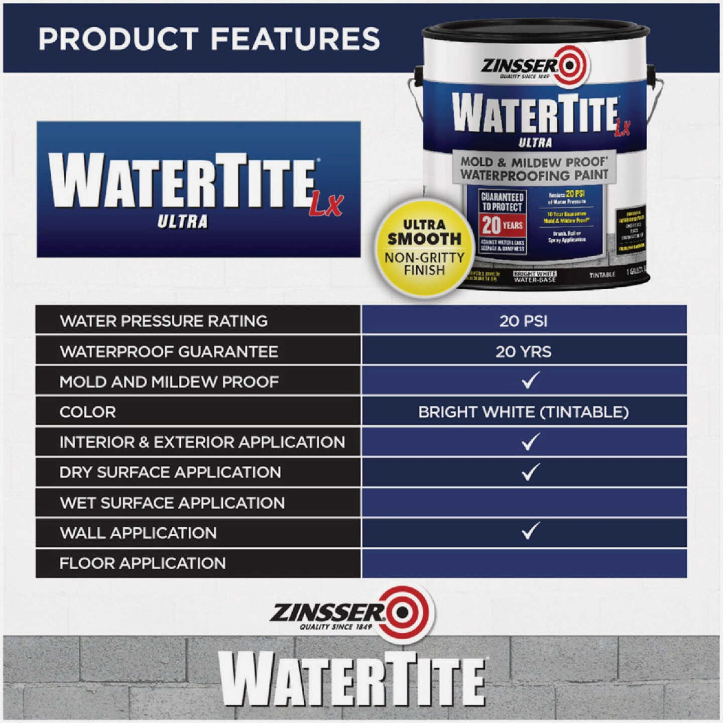 Zinsser WaterTite LX Ultra Mold & Mildew Proof Waterproofing Paint, 1 Gal. Image 2