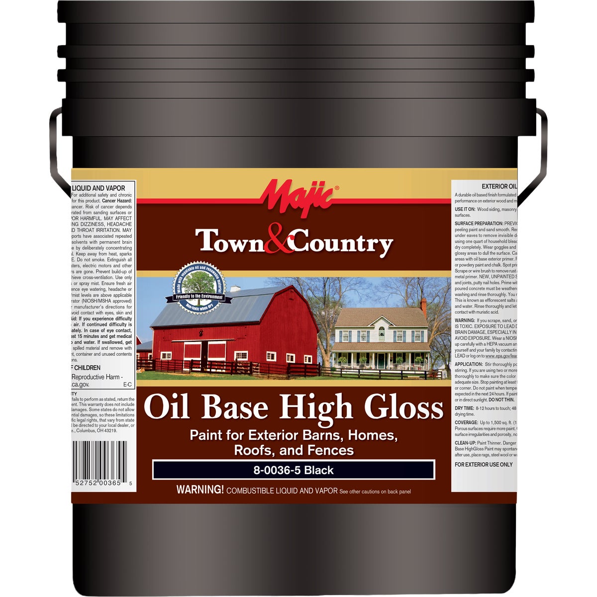 Majic Town and Country Oil-Based High-Gloss Barn and Fence Paint, Black, 5 Gal.