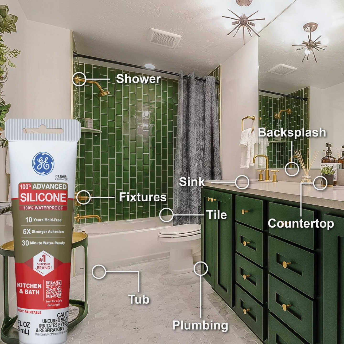 GE Advanced Silicone Kitchen & Bath Sealant, White, 2.8 Oz. Tube Image 3