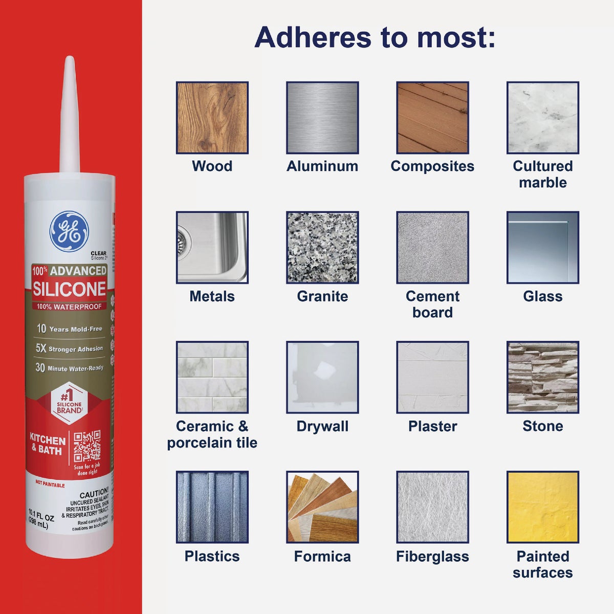 GE Advanced Silicone Kitchen & Bath Sealant, Clear, 10.1  Oz. Cartridge Image 6