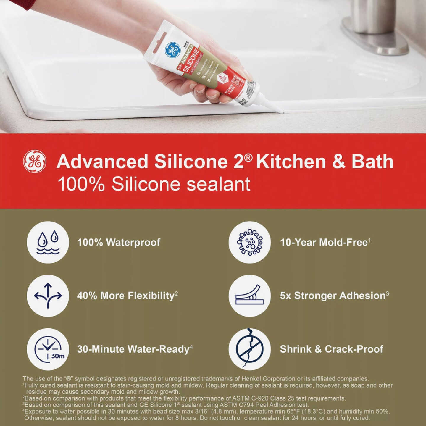 GE Advanced Silicone Kitchen & Bath Sealant, Clear, 2.8 Oz. Tube Image 4