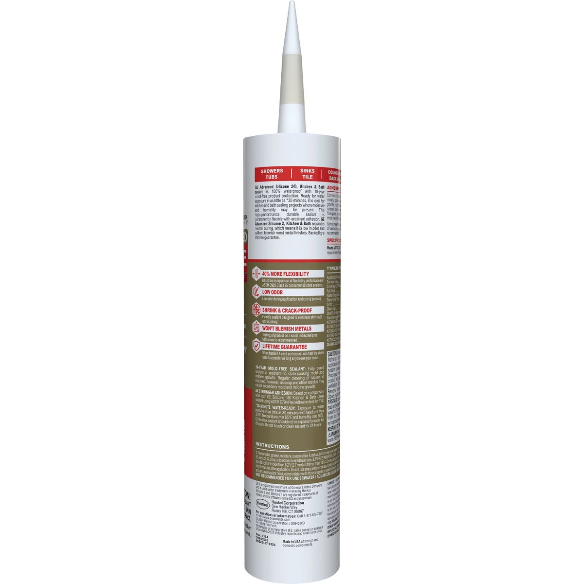 GE Advanced Silicone Kitchen & Bath Sealant, Almond, 10.1  Oz. Cartridge Image 7