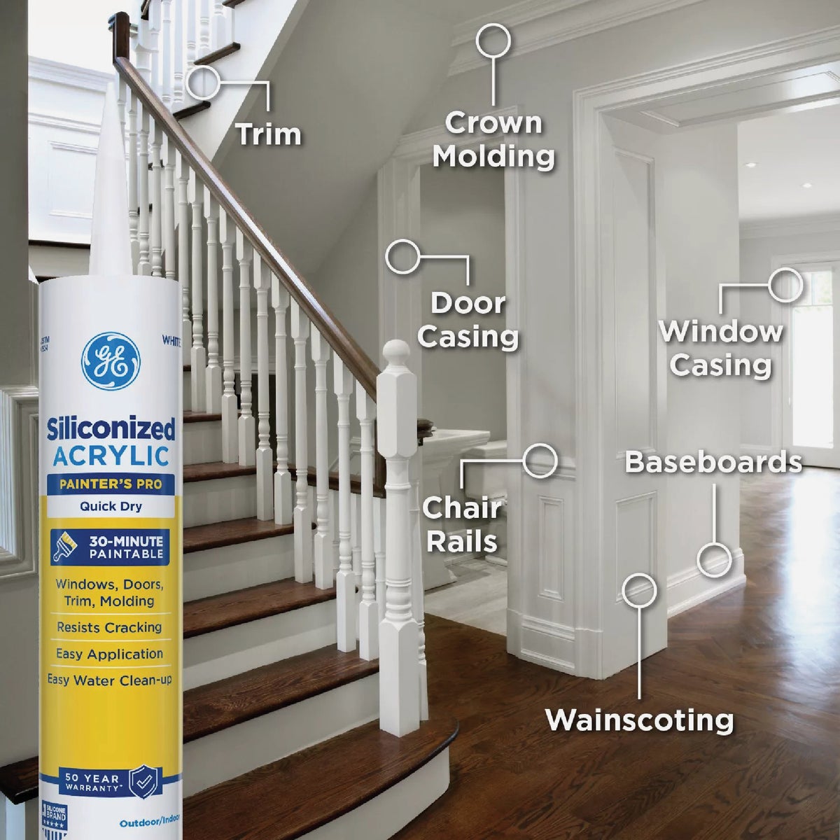 GE Siliconized Acrylic Painters Pro Quick Dry, White Sealant, 10  Oz. Cartridge Image 4