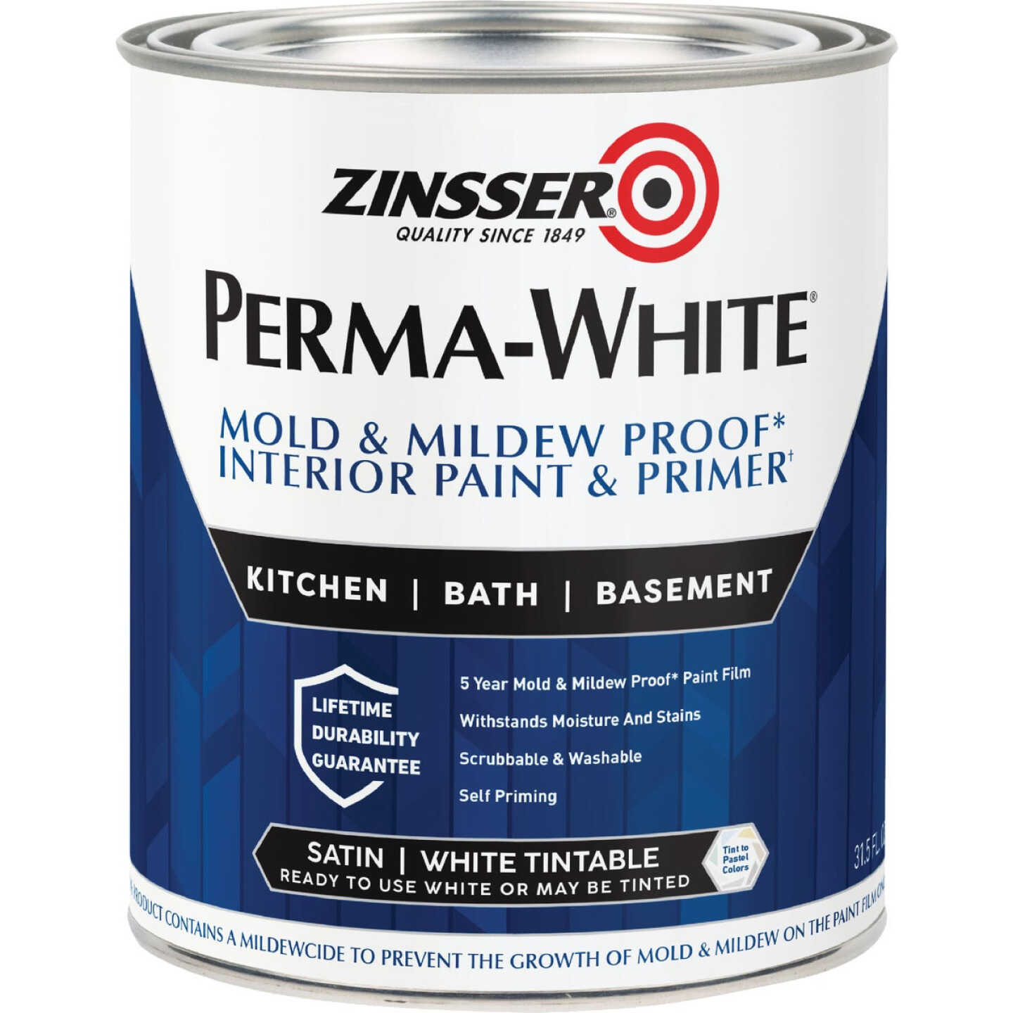 Zinsser Perma-White White-Tintable Satin Quart Mildew Paint Image 3