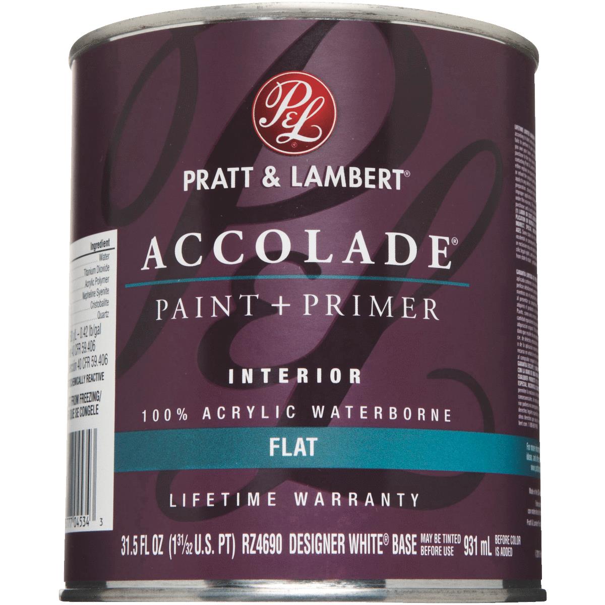 Pratt & Lambert Accolade 100% Acrylic Paint & Primer Flat Interior Wall Paint, Designer White, 1 Qt. Image 1
