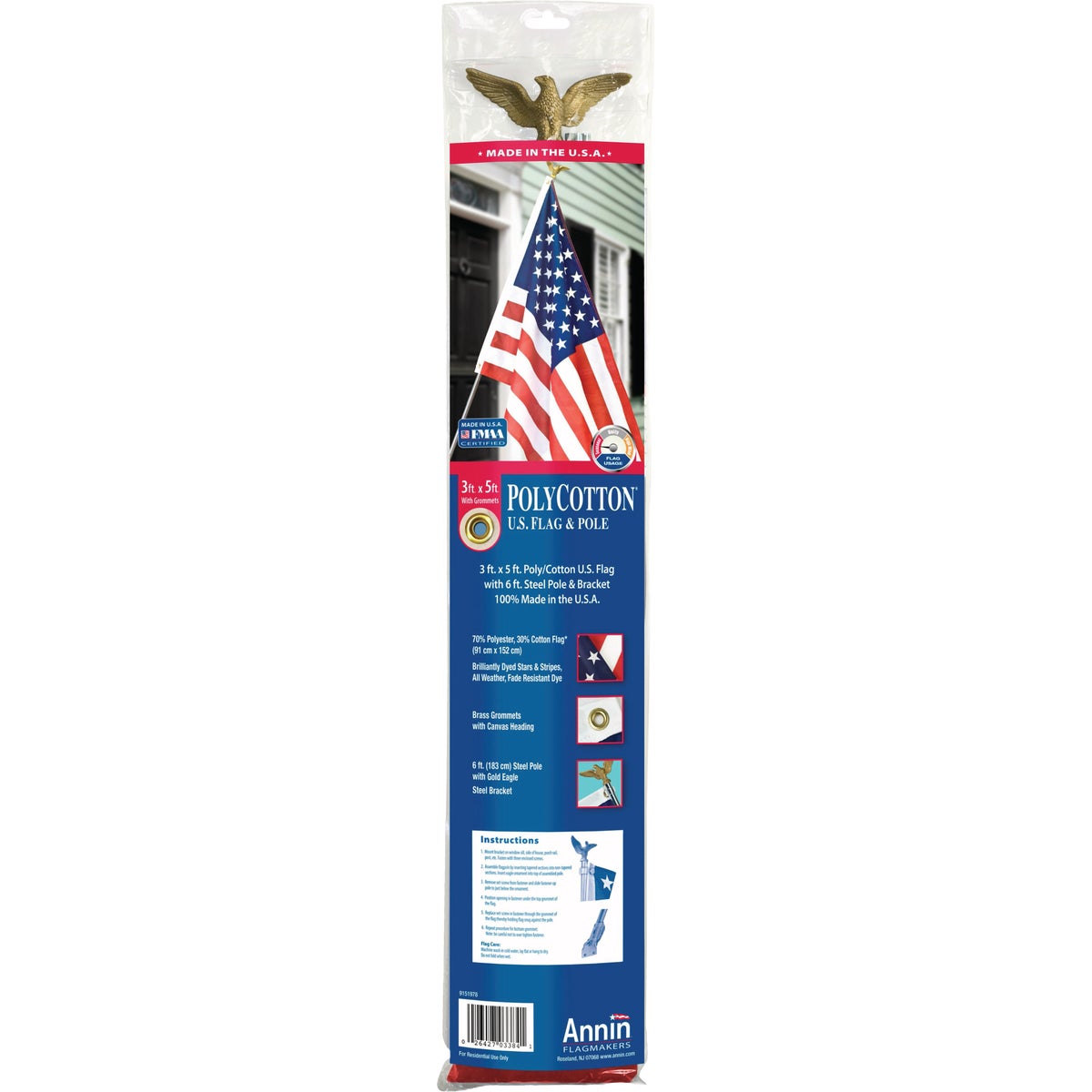 Annin 3 Ft. x 5 Ft. Polycotton US Flag with 6 Ft. Steel Pole Set