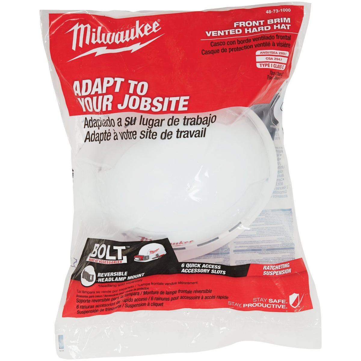 Milwaukee White Front Brim Vented Ratcheting Type 1 Class C Hard Hat Image 2