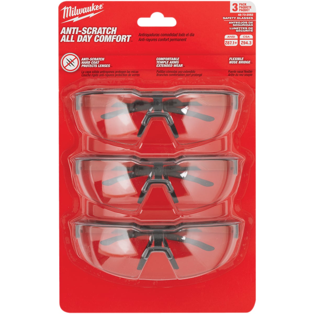 Milwaukee Red & Black Frame Safety Glasses with Clear Anti-Scratch Lenses (3-Pack) Image 2