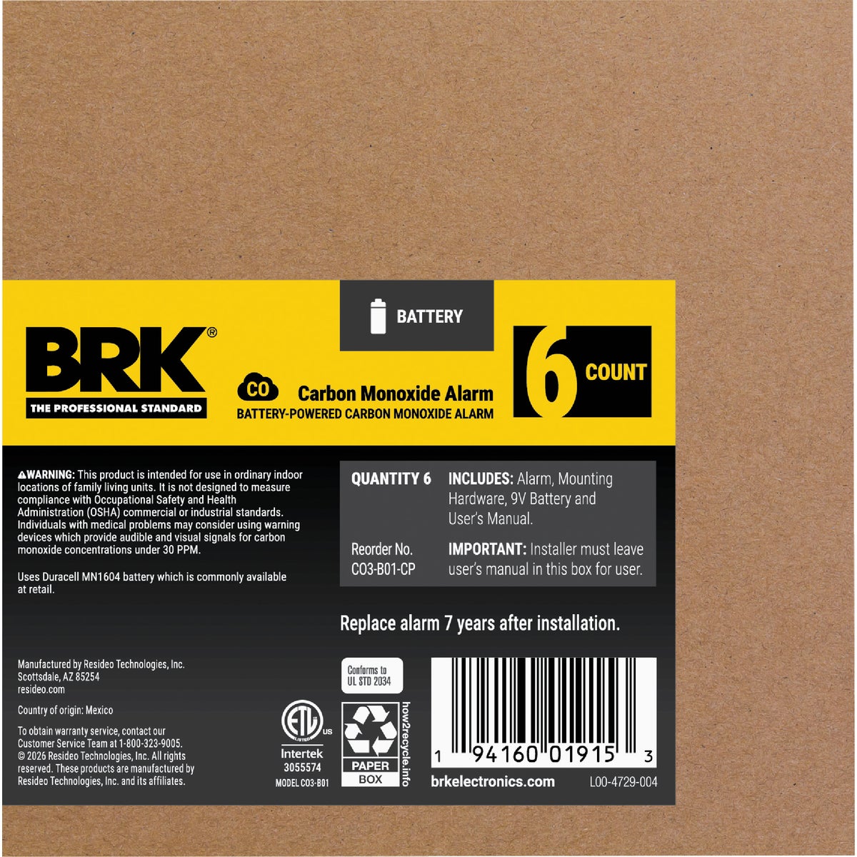 BRK CO400 Battery Operated 9V Electrochemical Carbon Monoxide Alarm (6-Pack) Image 2